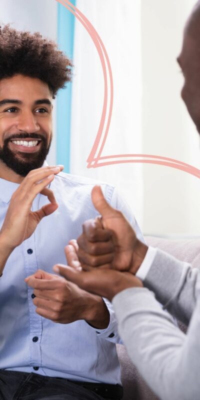 Two men talking.